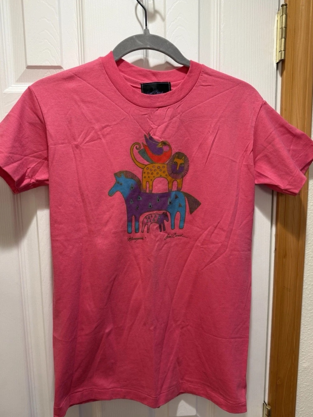 VTG Laurel Burch Art T Shirt Large AMAZONIA Animal Stack Metallic Pink EXC
